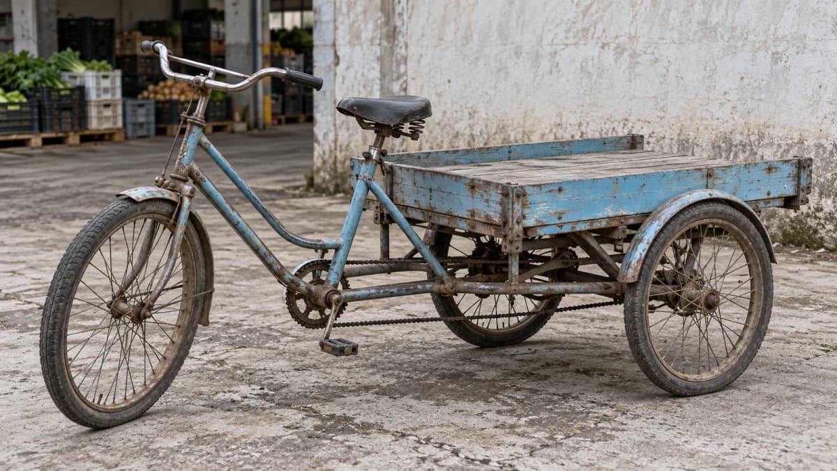 Blue Cargo Tricycle at a Produce Depot jigsaw puzzle preview