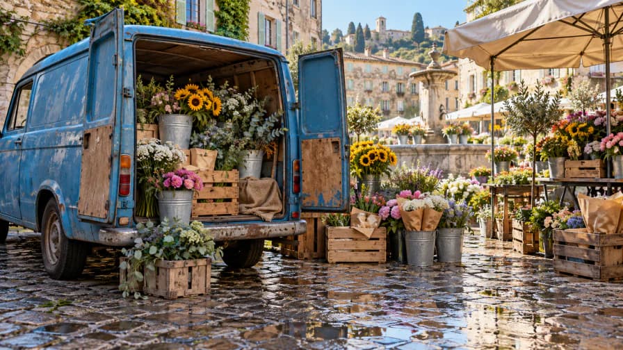 Blue Delivery Van at the Flower Market jigsaw puzzle preview