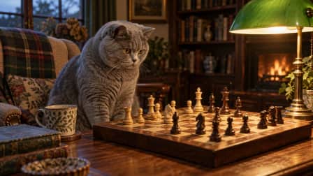British Shorthair beside a Chessboard jigsaw puzzle