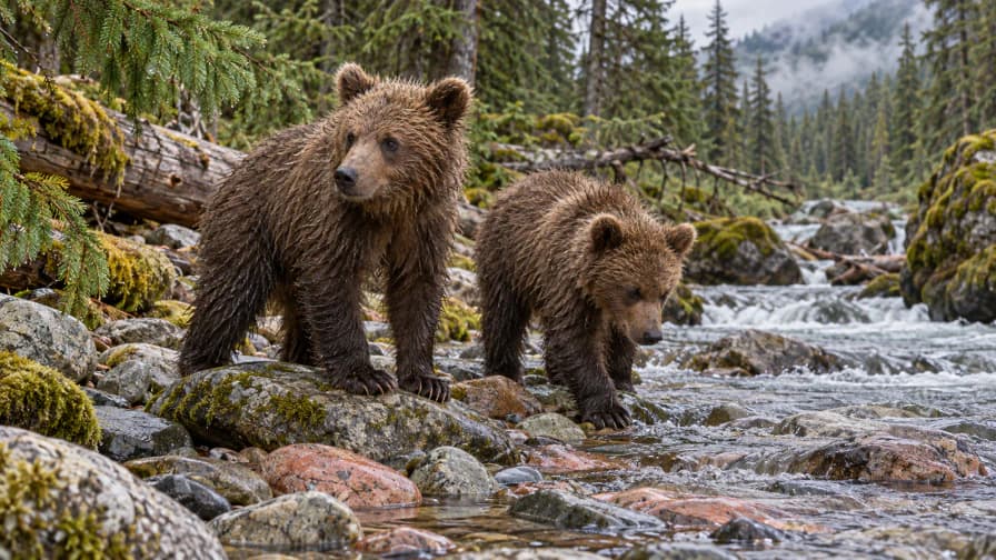 Brown Bear Cubs beside a River jigsaw puzzle preview