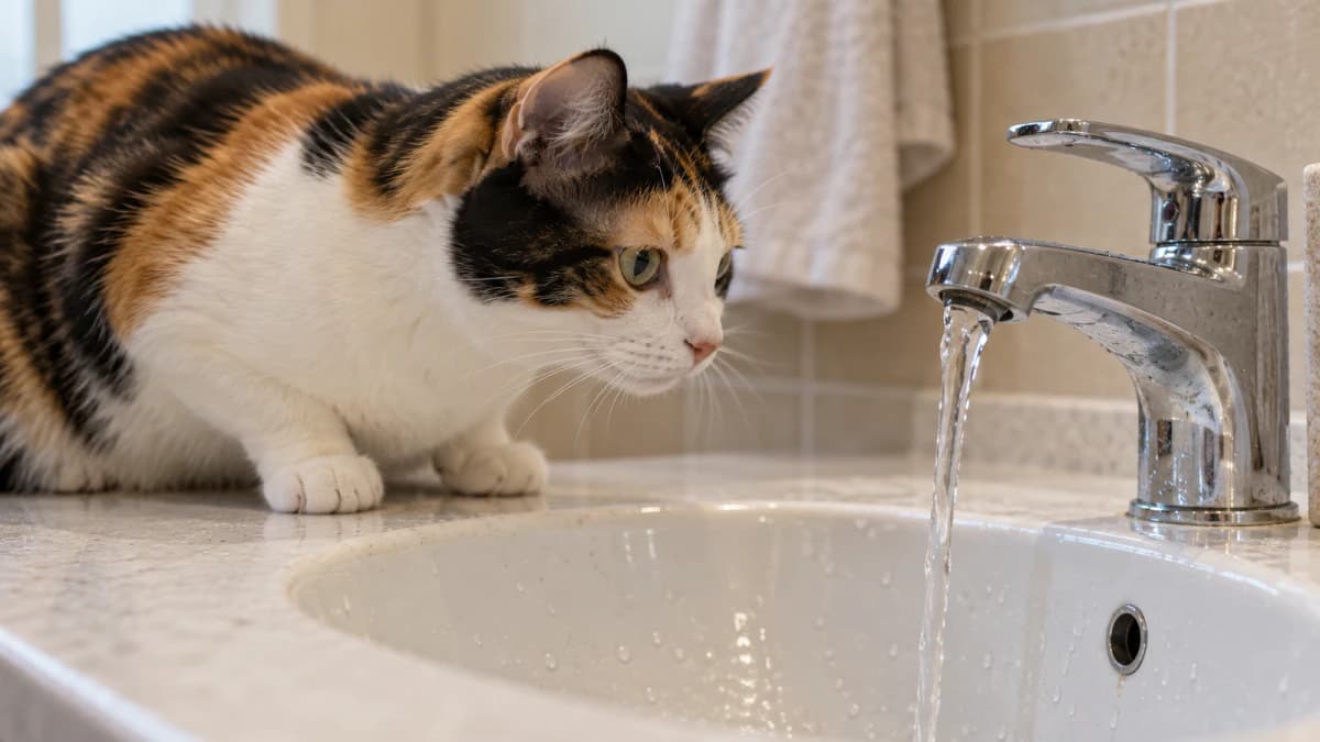 Calico Cat Watching a Running Tap jigsaw puzzle preview