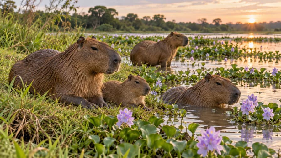 Capybaras near Water Hyacinths jigsaw puzzle preview