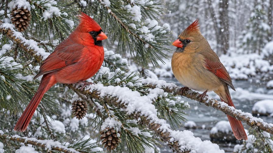 Cardinal Pair in Falling Snow jigsaw puzzle preview