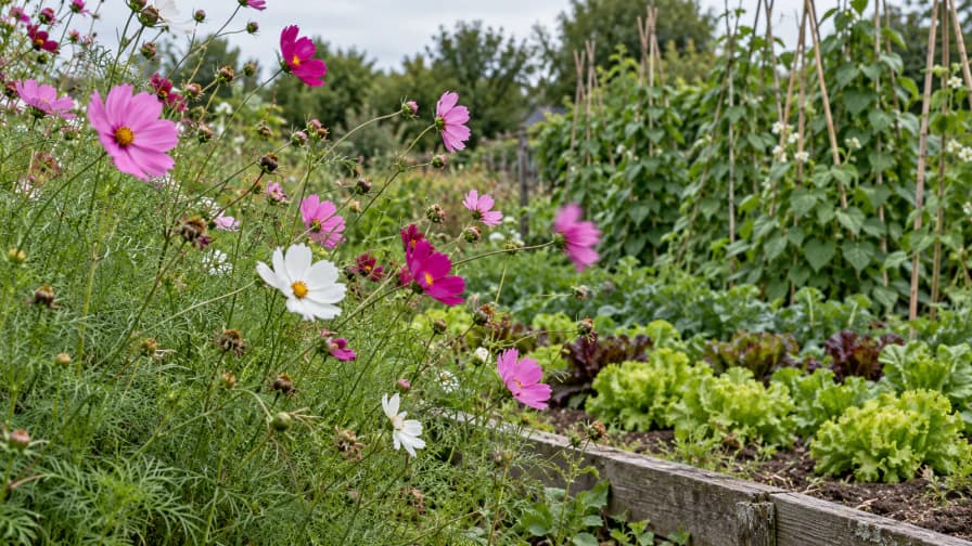 Cosmos Flowers Leaning over a Vegetable Patch jigsaw puzzle