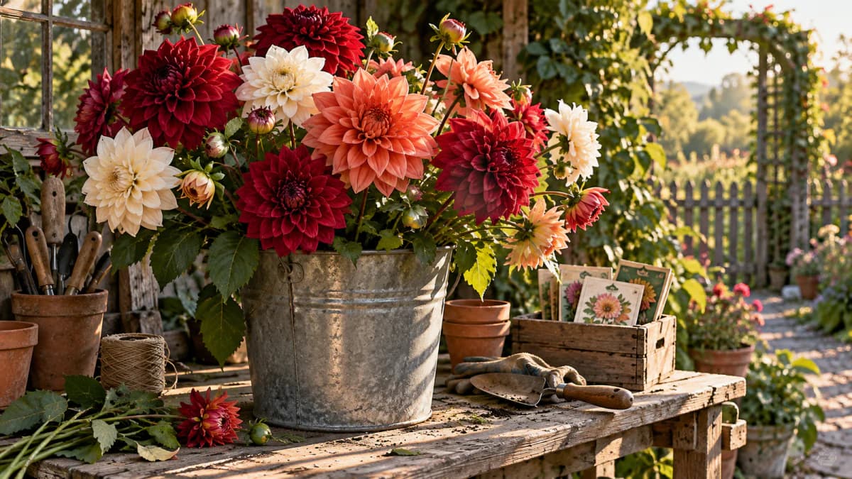 Dahlias in a Galvanized Bucket jigsaw puzzle preview