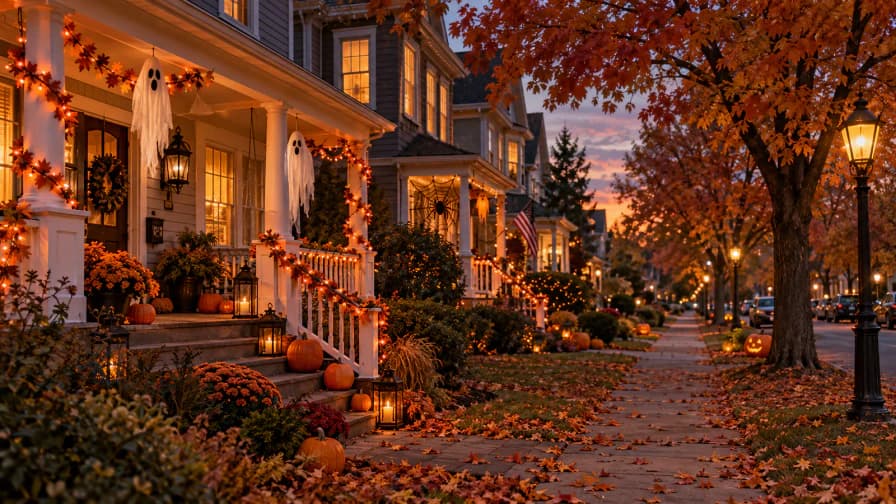 Decorated Halloween Street at Dusk jigsaw puzzle preview