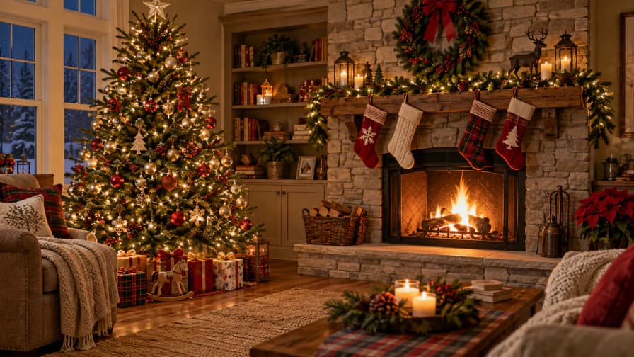 Decorated Tree beside a Fireplace jigsaw puzzle preview