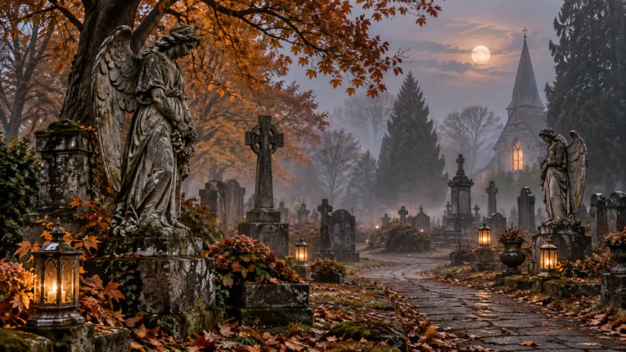 Foggy Graveyard with Stone Angels jigsaw puzzle preview