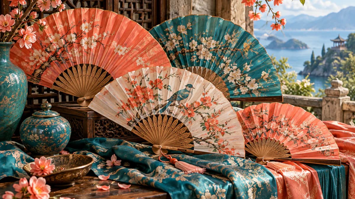 Folding Fans in Coral and Teal jigsaw puzzle preview