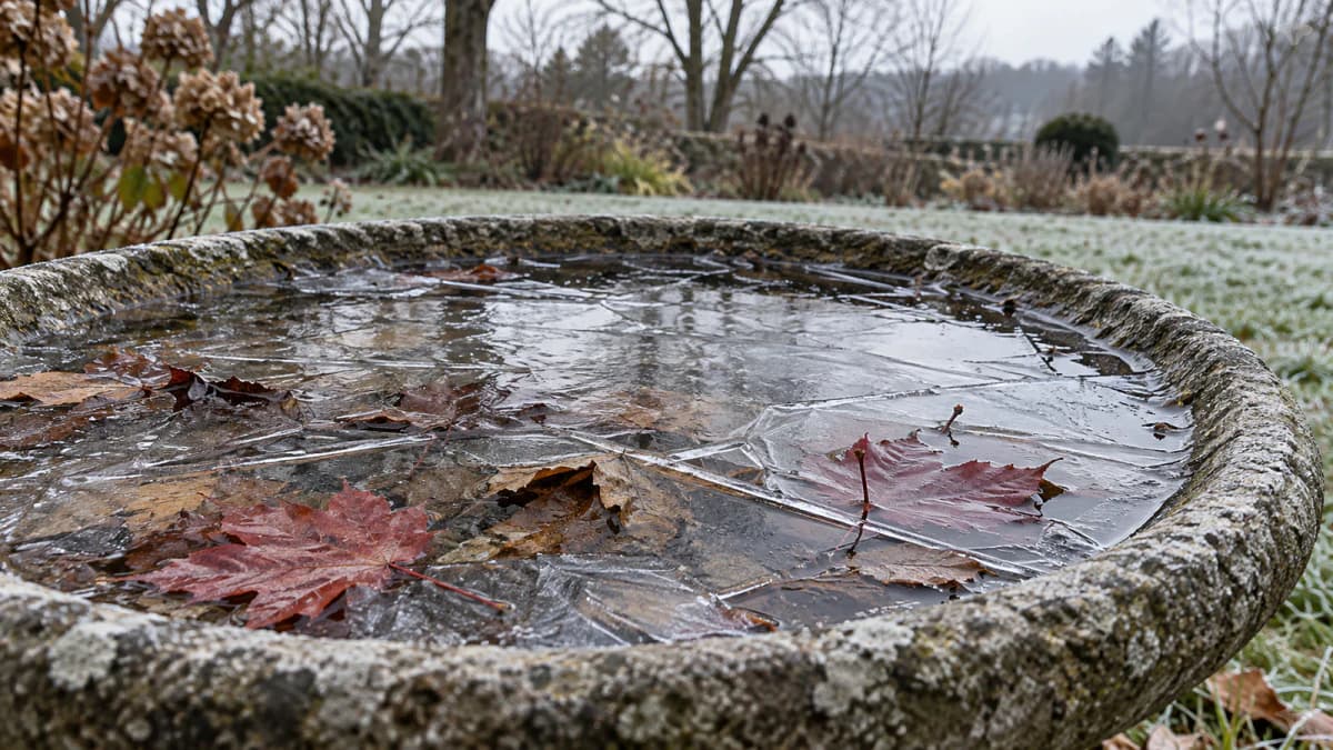 Frozen Leaves in a Stone Birdbath jigsaw puzzle preview
