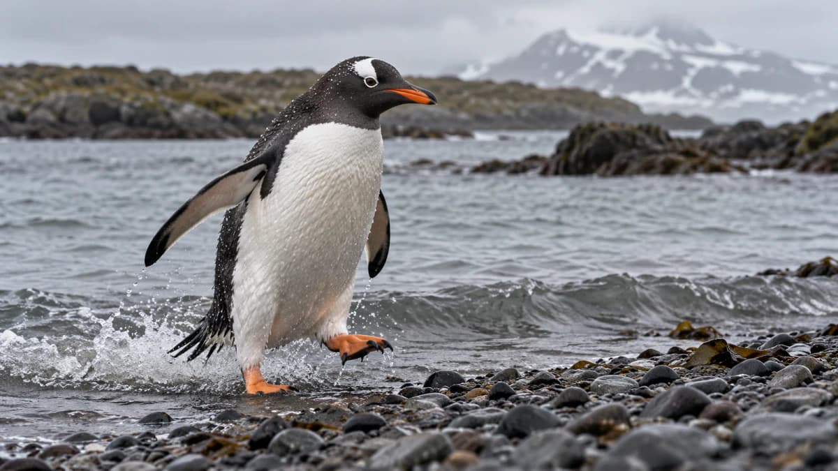 Gentoo Penguin Stepping onto a Pebble Beach jigsaw puzzle preview