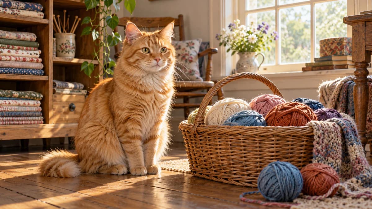 Ginger Cat beside a Basket of Wool jigsaw puzzle preview