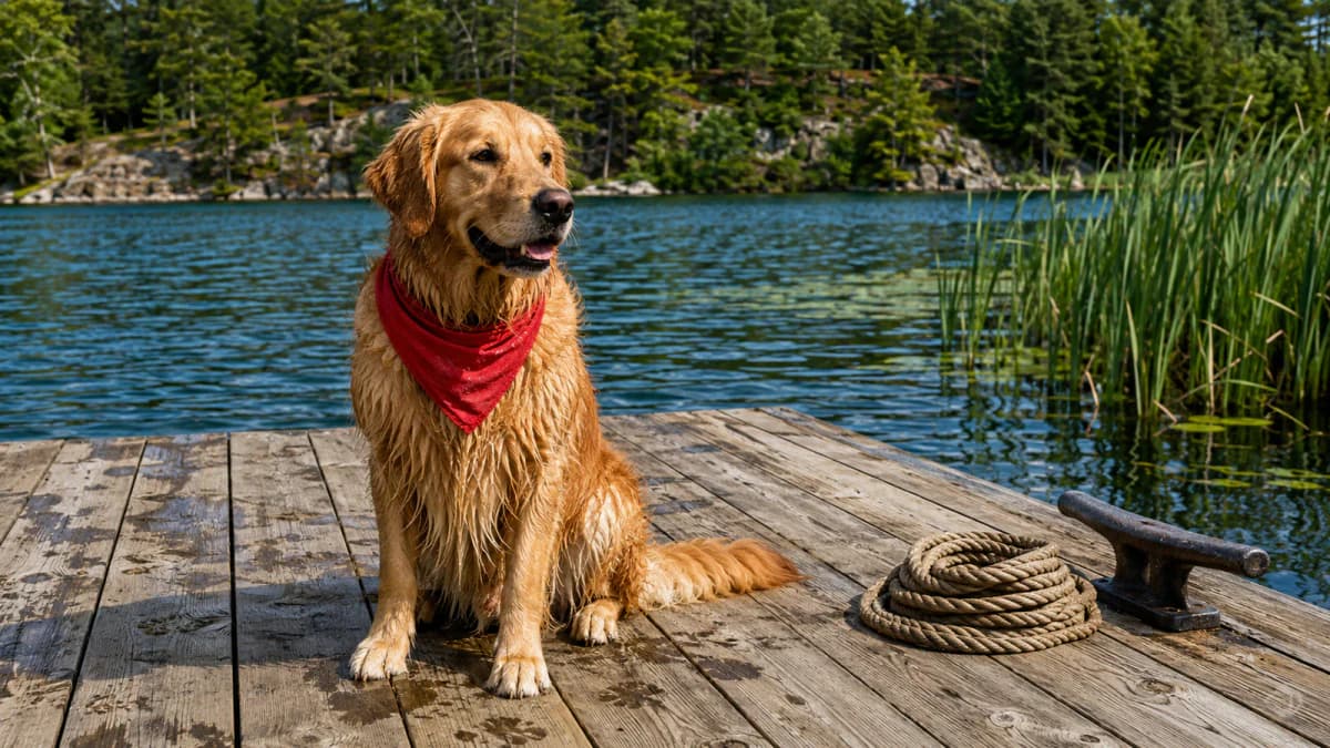 Golden Retriever at a Lakeside Dock jigsaw puzzle preview