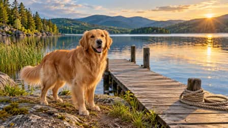 Golden Retriever beside a Lakeside Dock jigsaw puzzle