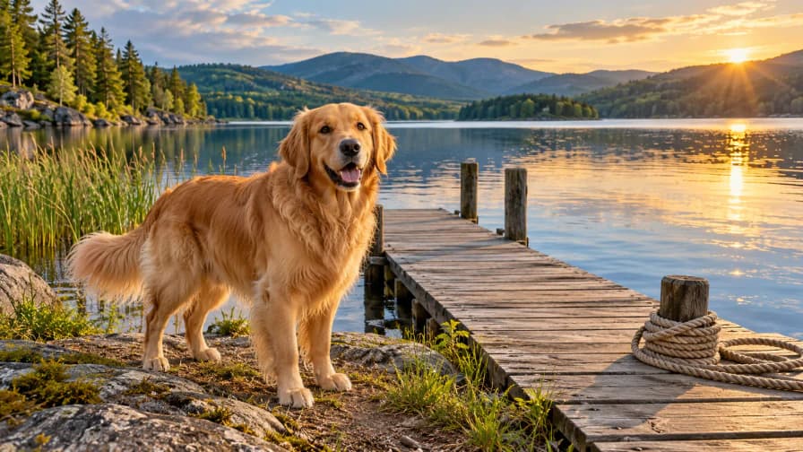 Golden Retriever beside a Lakeside Dock jigsaw puzzle preview