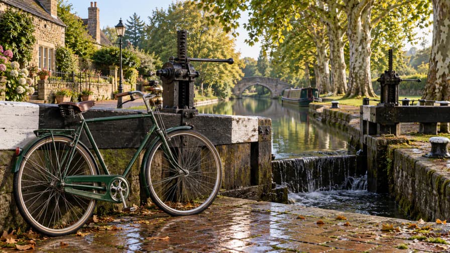 Green Bicycle beside a Canal Lock jigsaw puzzle