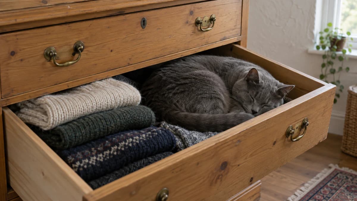 Gray Cat Asleep in an Open Chest of Drawers jigsaw puzzle preview
