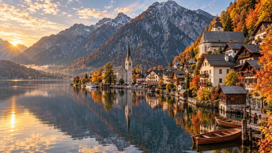 Hallstatt Lakeside Village in Autumn jigsaw puzzle preview