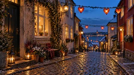 Heart Lanterns along an Evening Street jigsaw puzzle