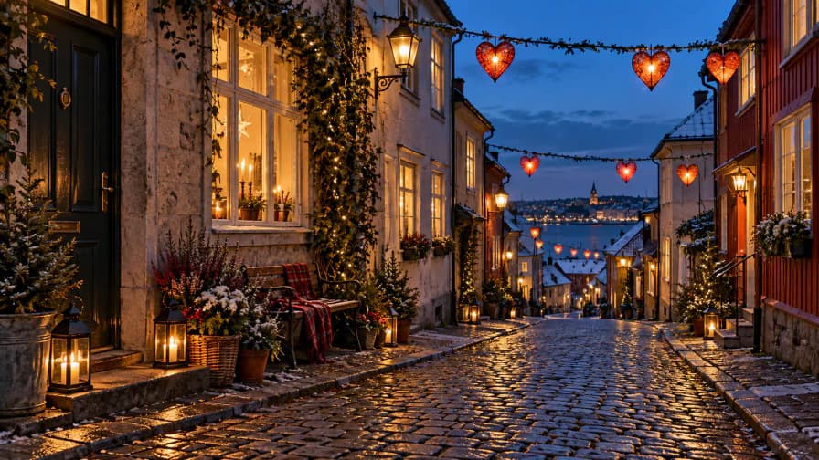 Heart Lanterns along an Evening Street jigsaw puzzle preview