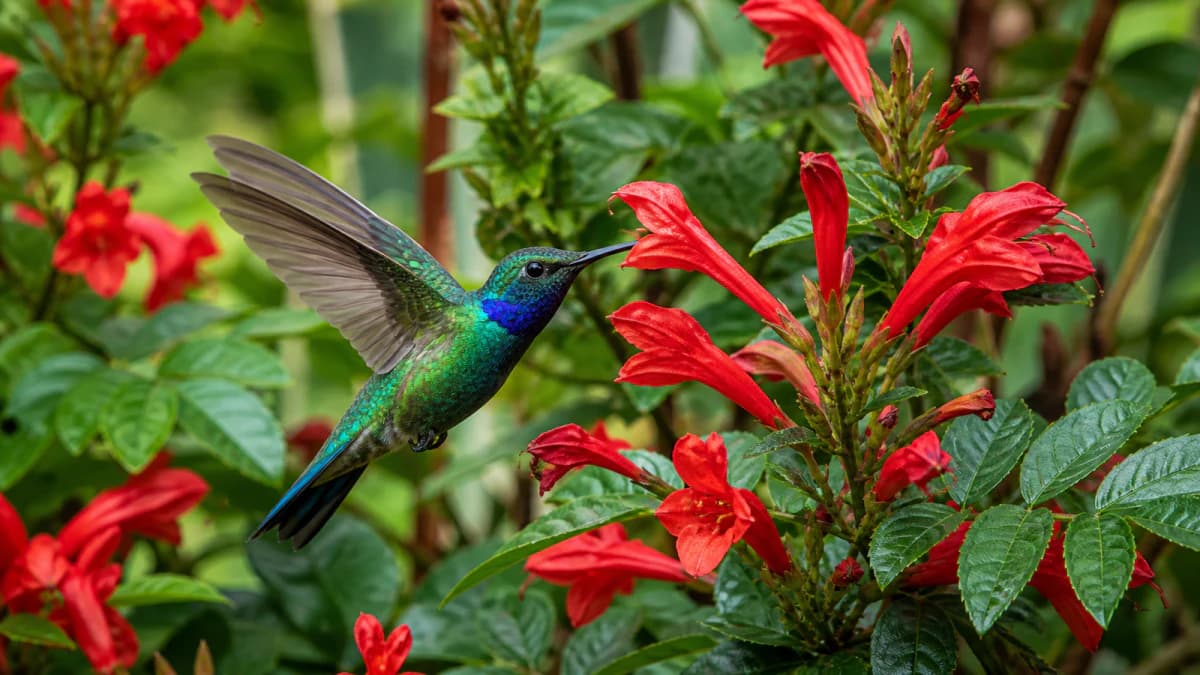 Hummingbird at Red Flowers jigsaw puzzle preview