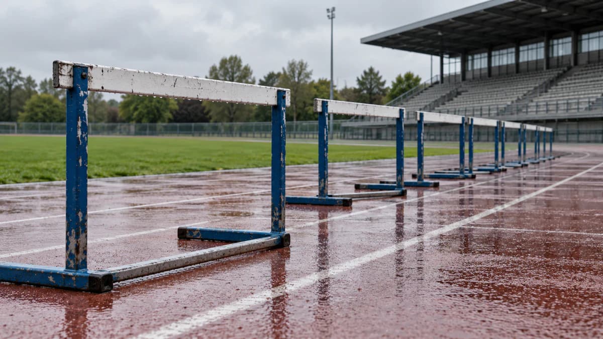 Hurdles Lined Up on a Wet Running Track jigsaw puzzle preview
