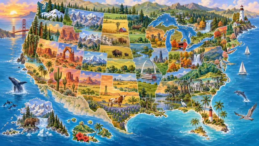 Illustrated USA Map with Landmarks jigsaw puzzle preview