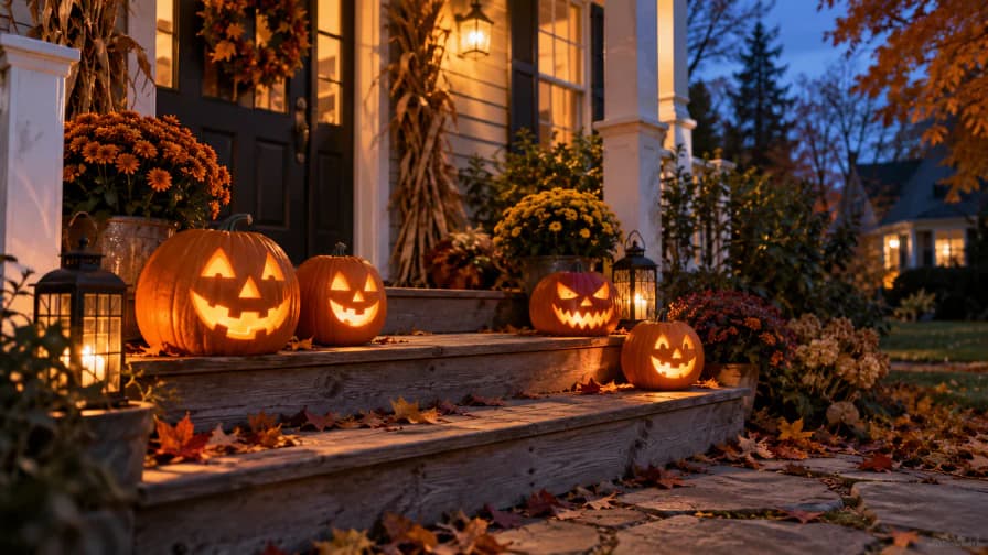 Jack-o'-Lanterns on Porch Steps jigsaw puzzle preview