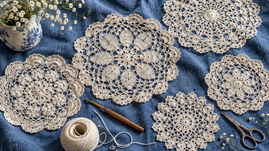 Lace Doilies on Blue Linen jigsaw puzzle preview