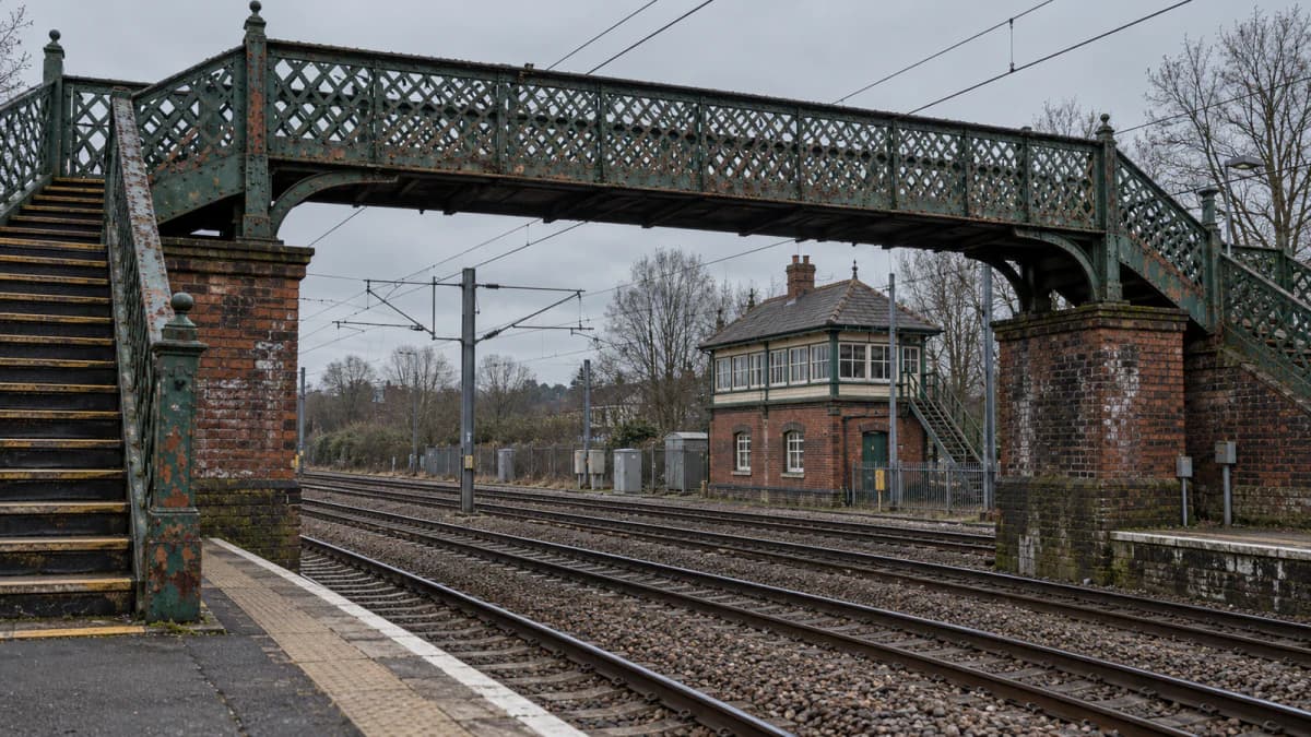 Lattice Iron Footbridge over Railroad Tracks jigsaw puzzle preview