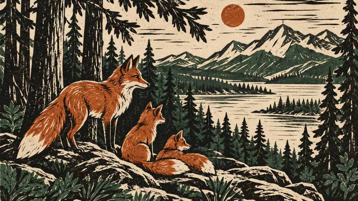 Linocut Foxes beneath Pines jigsaw puzzle preview