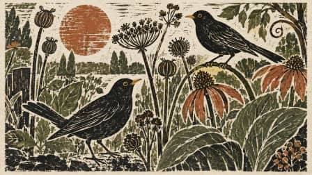 Linocut Garden with Blackbirds jigsaw puzzle