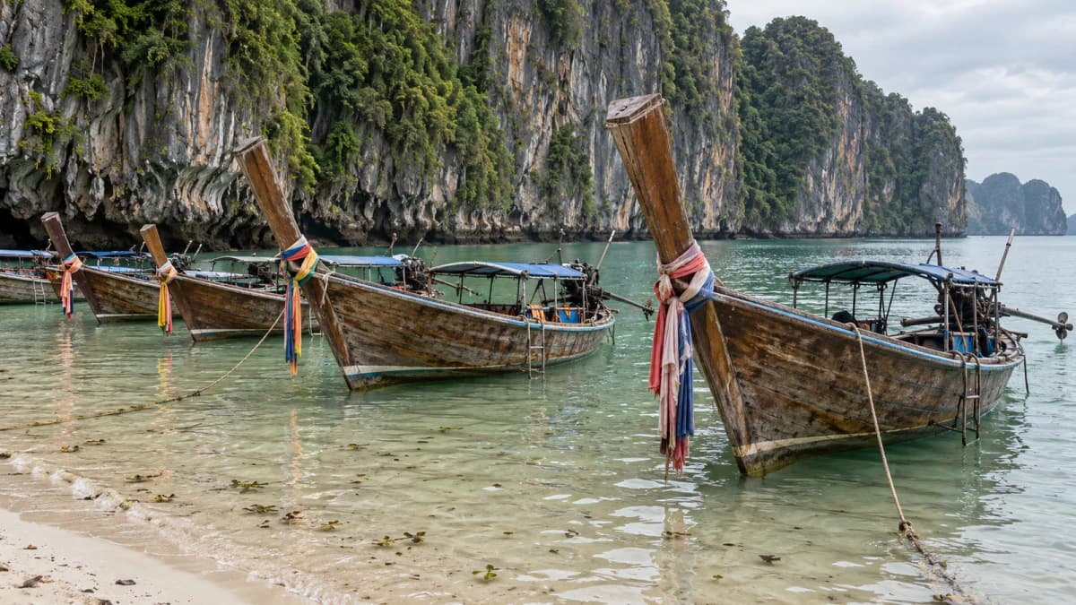 Longtail Boats Moored below Limestone Cliffs jigsaw puzzle preview