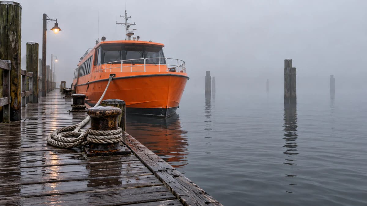 Orange Ferry at a Foggy Pier jigsaw puzzle preview