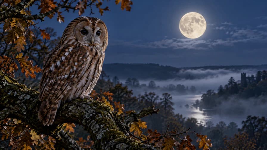 Owl on a Gnarled Branch under the Moon jigsaw puzzle preview