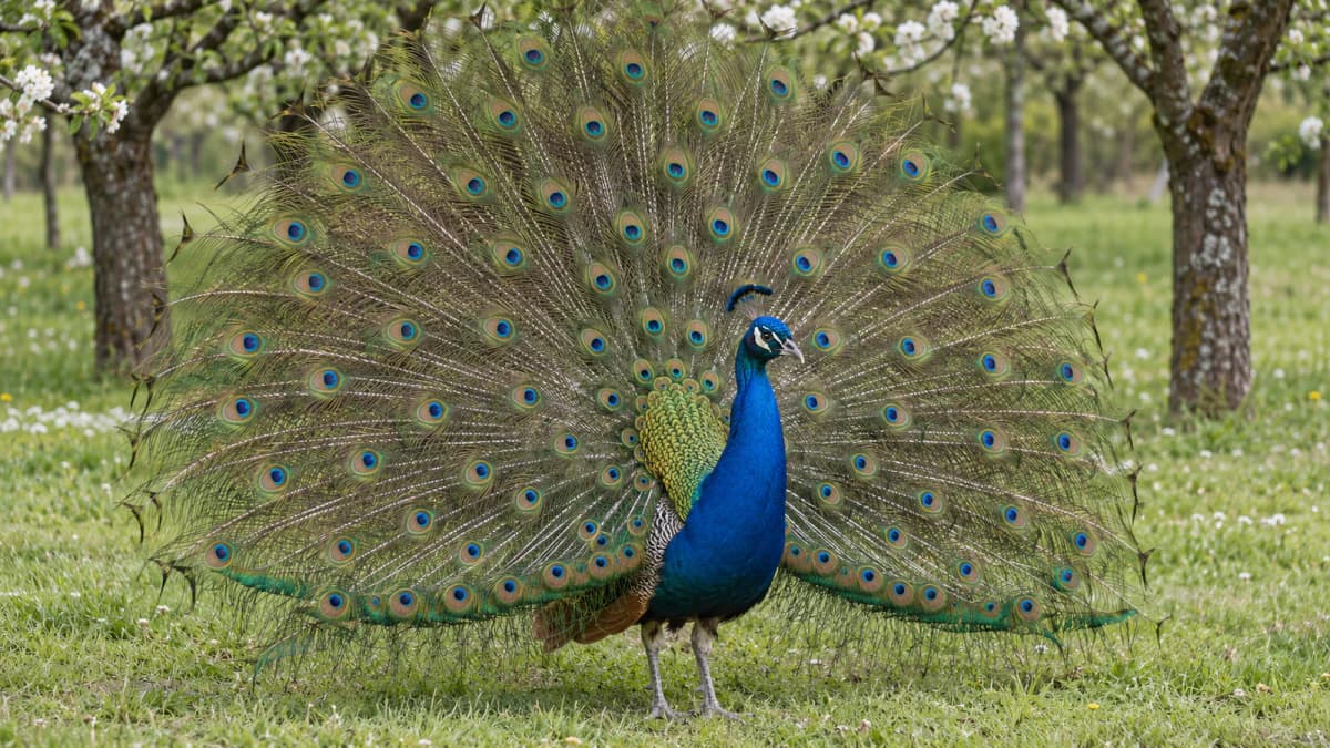 Peacock Displaying in a Spring Orchard jigsaw puzzle preview