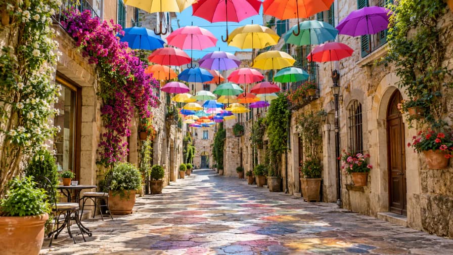 Rainbow Umbrellas over a Street jigsaw puzzle preview