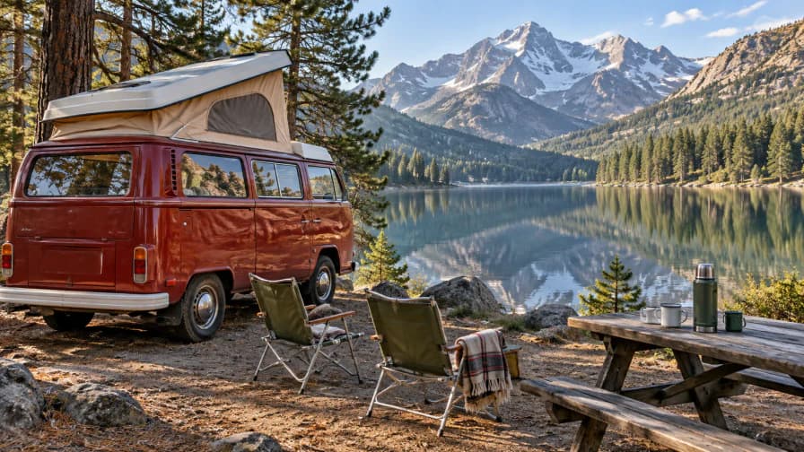 Red Camper Van by a Pine Lake jigsaw puzzle preview