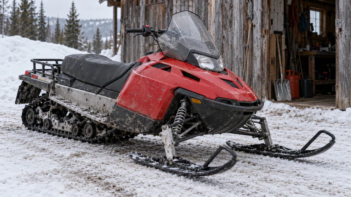 Red Snowmobile outside a Timber Shed jigsaw puzzle preview