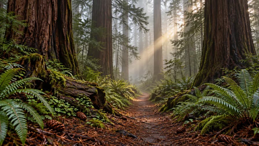 Redwood Trail with Ferns and Fog jigsaw puzzle preview