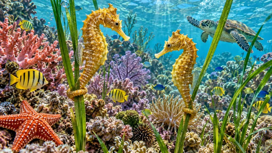 Golden seahorses gripping seagrass in a colorful reef with fish, coral and a turtle.