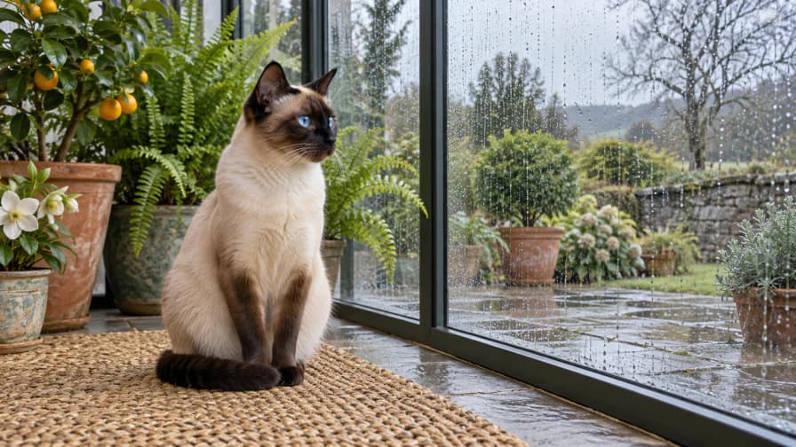 Siamese Cat beside a Rainy Conservatory jigsaw puzzle