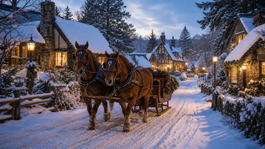 Sleigh Ride through a Snowy Village jigsaw puzzle preview