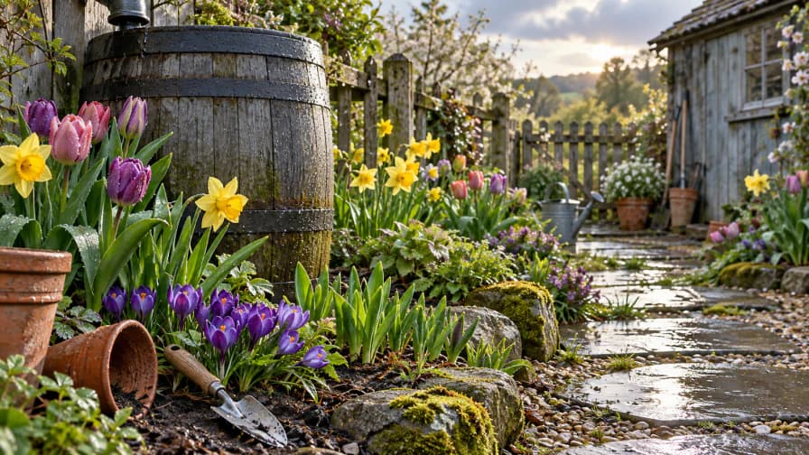 Spring Bulbs beside a Rain Barrel jigsaw puzzle preview