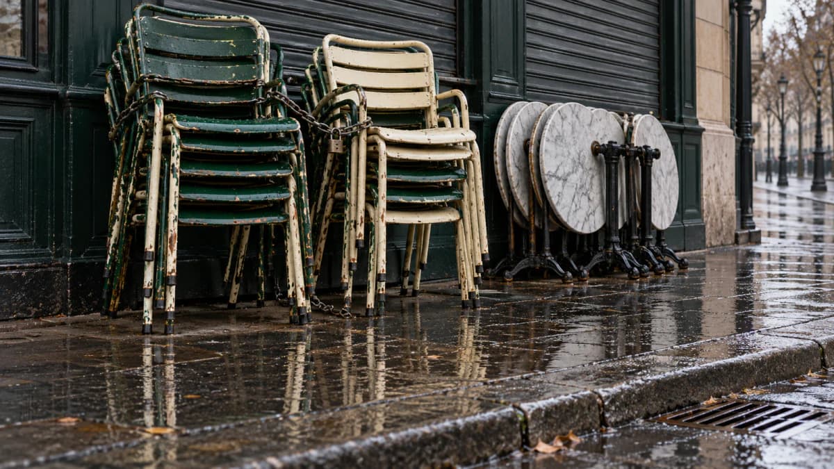 Stacked Bistro Chairs on a Wet Pavement after Closing jigsaw puzzle preview
