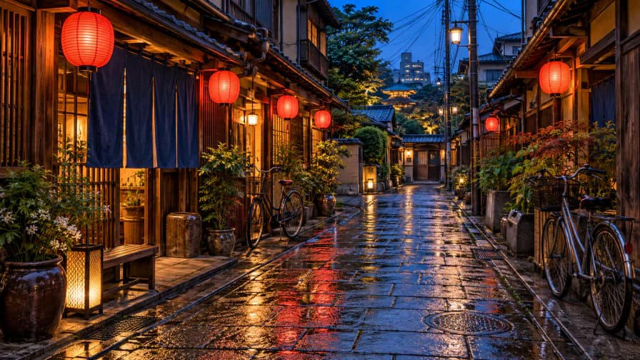 A narrow lantern-lit alley with bicycles, blue curtains and reflections on wet stones.
