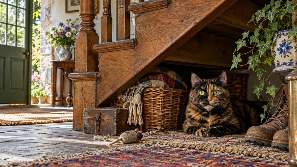 Tortoiseshell Cat under a Stair jigsaw puzzle preview