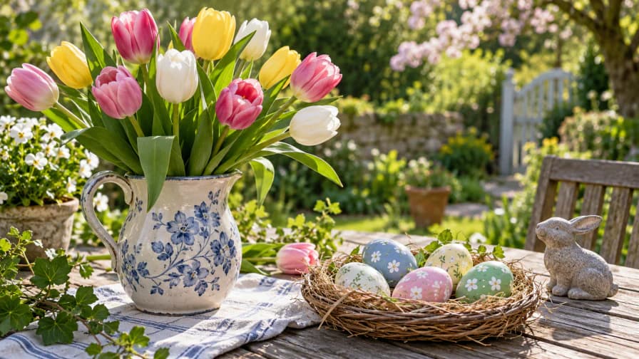 Tulips beside Painted Easter Eggs jigsaw puzzle preview