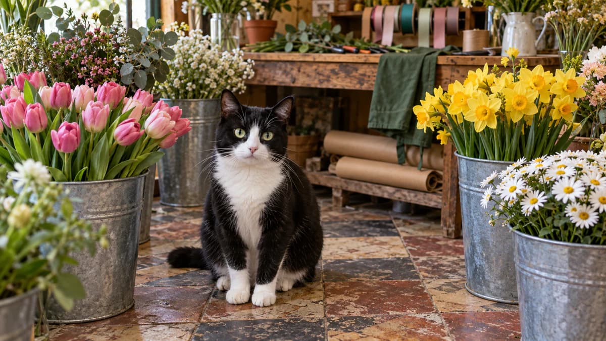 Tuxedo Cat in a Flower Shop jigsaw puzzle preview