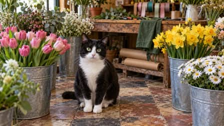 Tuxedo Cat in a Flower Shop jigsaw puzzle